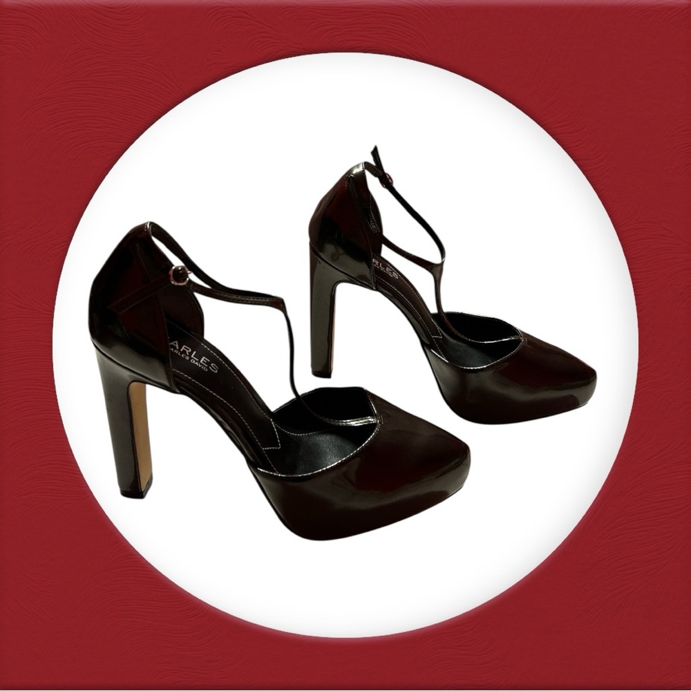Charles By Charles David Glossy Black T-Strap Closed Toe Block Leather 5” Heels